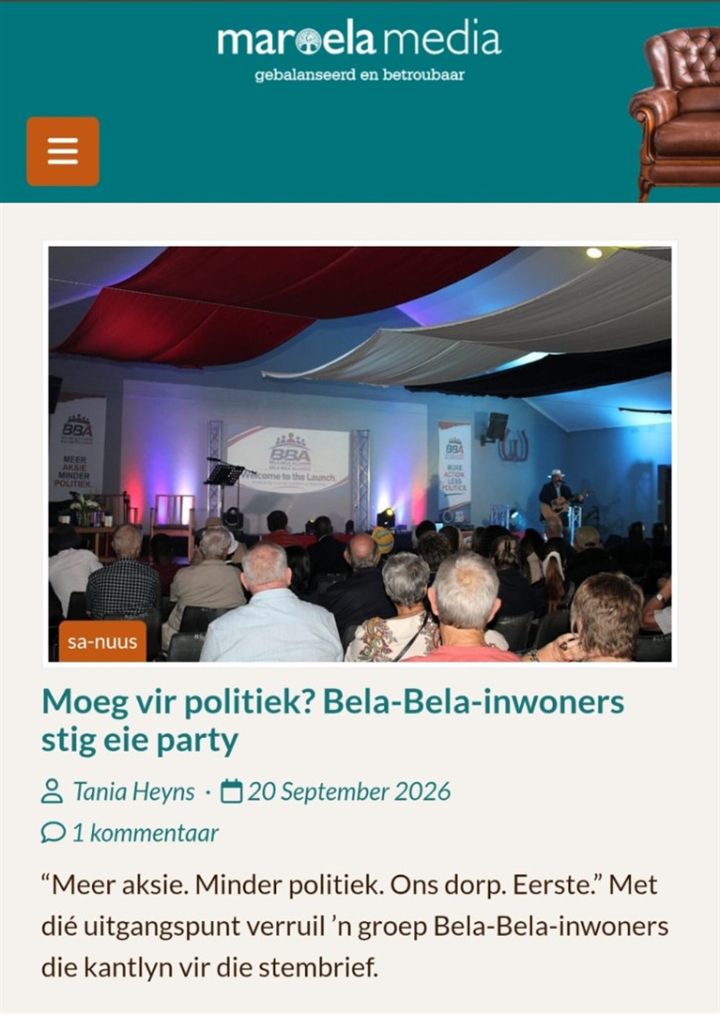 Maroela Media: Moeg vir politiek? Bela-Bela-inwoners stig eie party